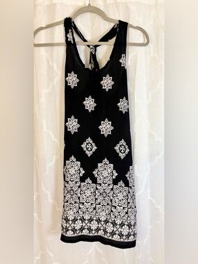 Portocruz Black White Boho Print Dress Size Small Sleeveless Keyhole 🖤🤍